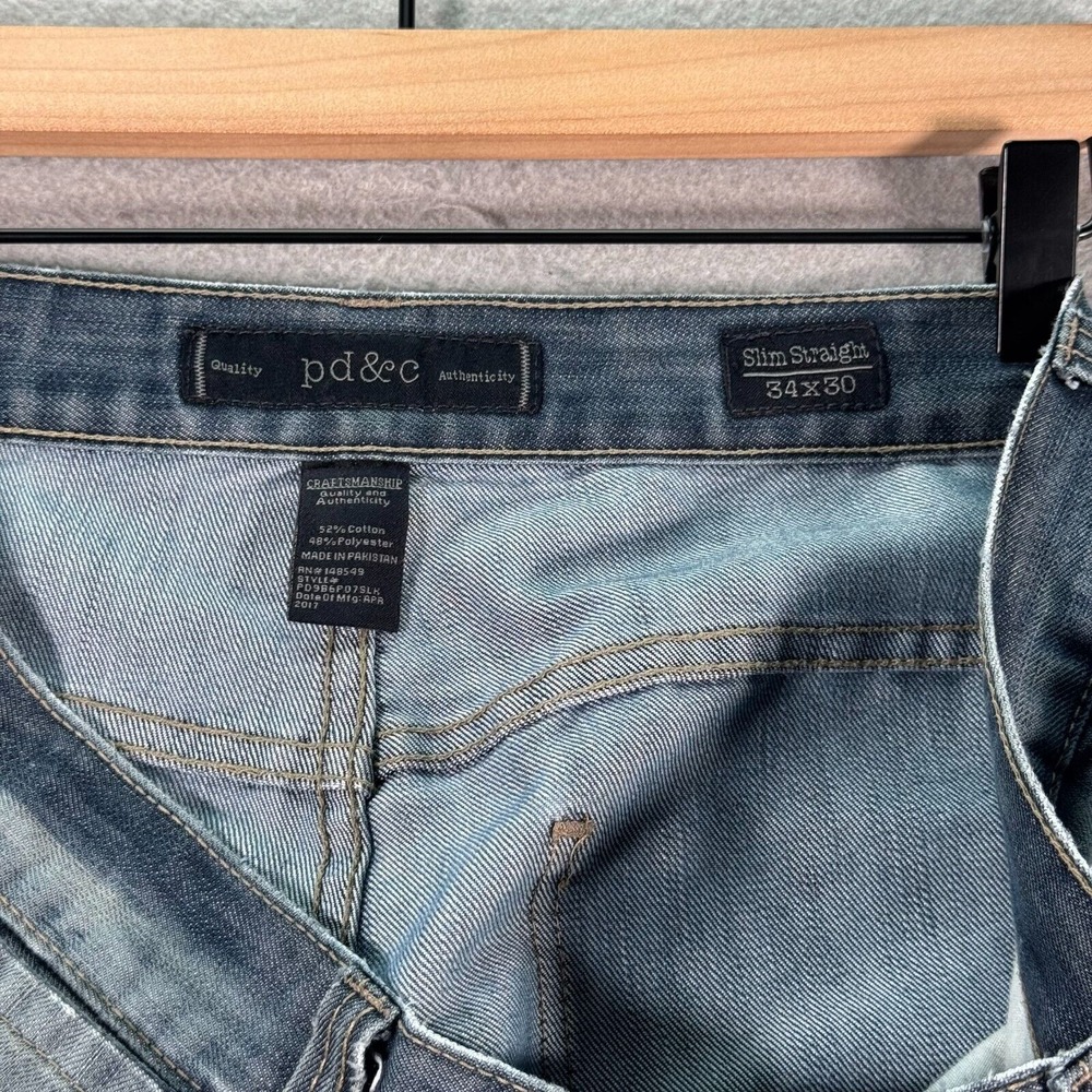 PD&C Slim Straight Jeans Mens 34x30 Blue Medium Wash Classic Distressed Denim - Picture 12 of 16
